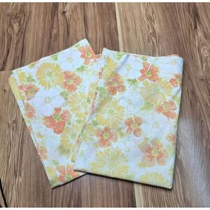 Vtg Dan River Tranquale Pillowcases MCM Set Of 2 Percale Floral Yellow Orange